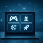 A laptop displaying gaming icons within a digital interface background.