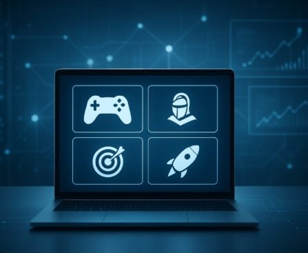 A laptop displaying gaming icons within a digital interface background.