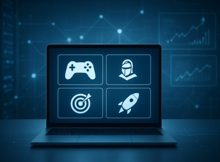 A laptop displaying gaming icons within a digital interface background.